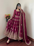 Wine Fendy Silk Embroidered Anarkali Gown