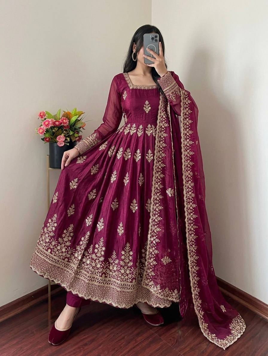 Wine Fendy Silk Embroidered Anarkali Gown