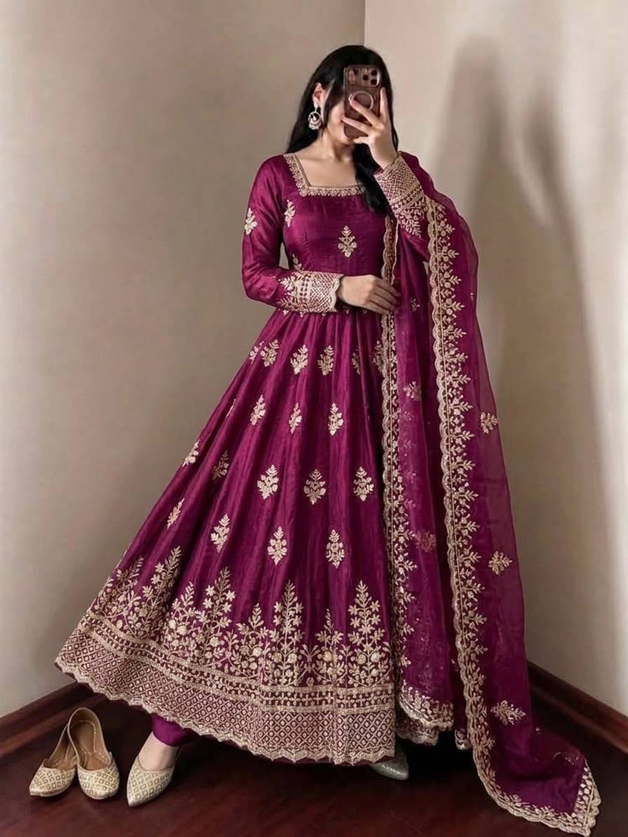 Wine Fendy Silk Embroidered Anarkali Gown