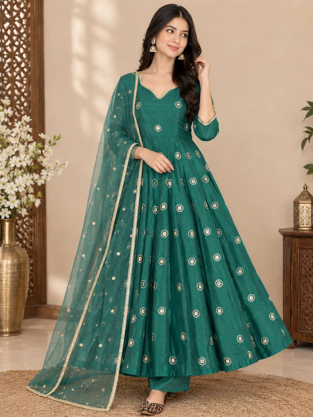 Green Simmar Silk Sequins Embroidered Anarkali Suit with Net Dupatta