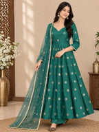 Green Simmar Silk Sequins Embroidered Anarkali Suit with Net Dupatta
