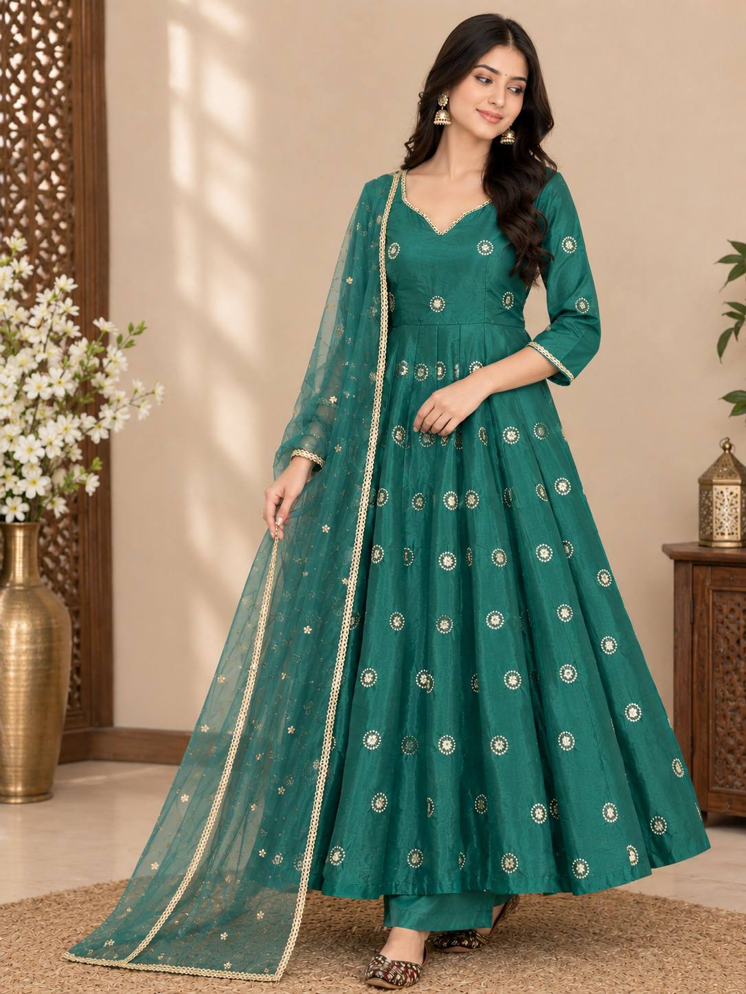 Green Simmar Silk Sequins Embroidered Anarkali Suit with Net Dupatta