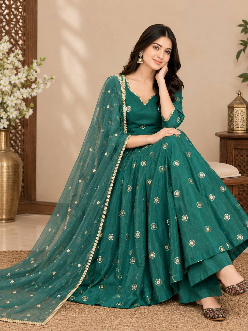Green Simmar Silk Sequins Embroidered Anarkali Suit with Net Dupatta