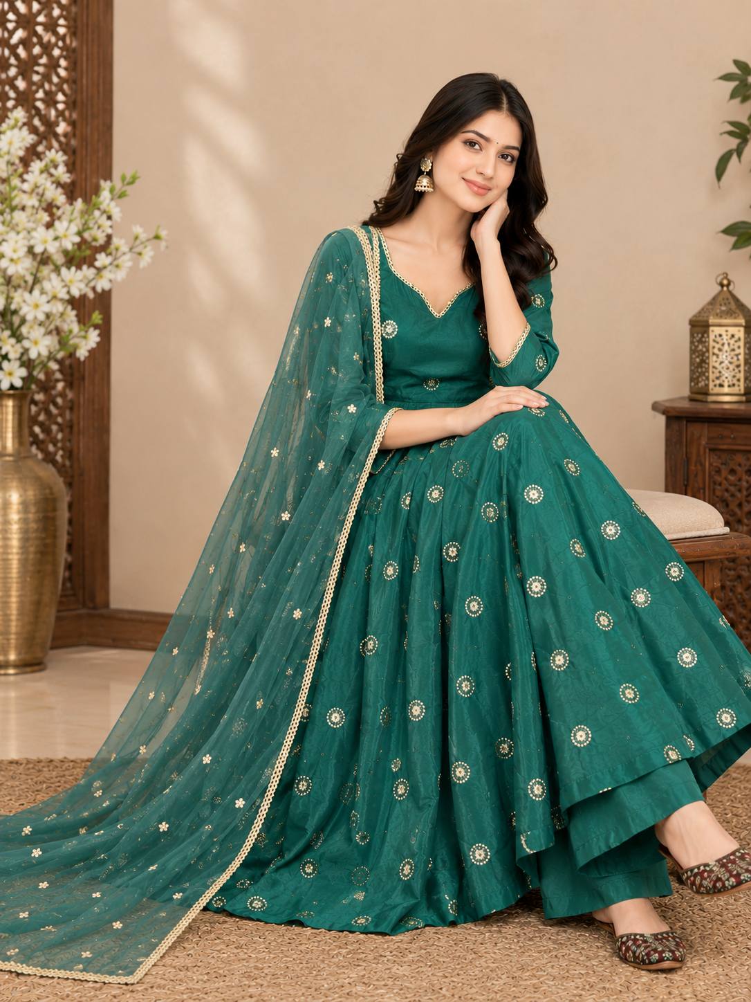 Green Simmar Silk Sequins Embroidered Anarkali Suit with Net Dupatta