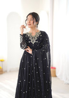 Black Faux Georgette Embroidered Anarkali Suit