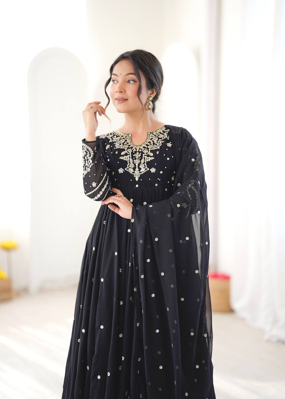 Black Faux Georgette Embroidered Anarkali Suit