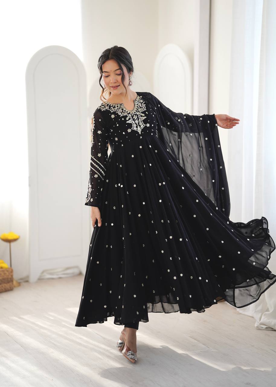 Black Faux Georgette Embroidered Anarkali Suit
