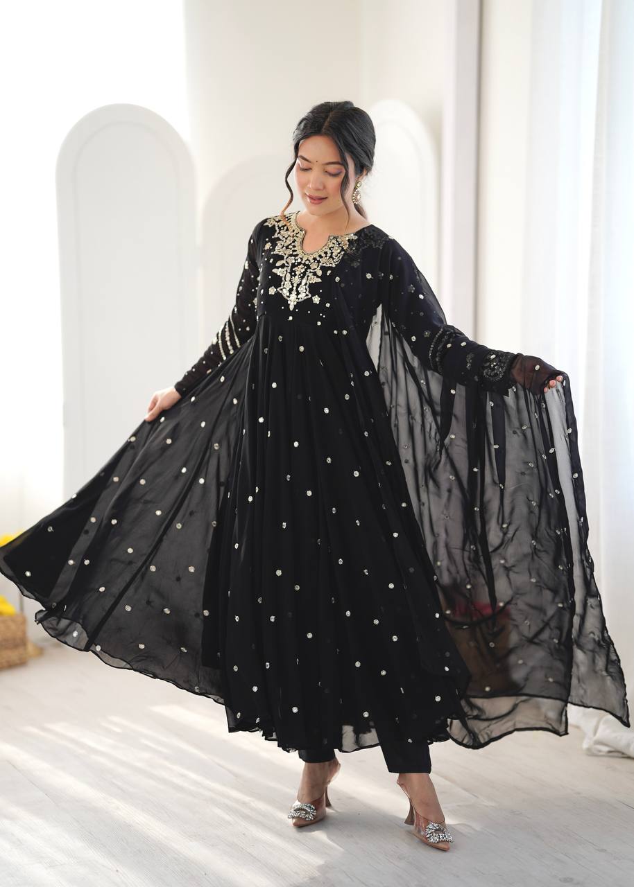 Black Faux Georgette Embroidered Anarkali Suit