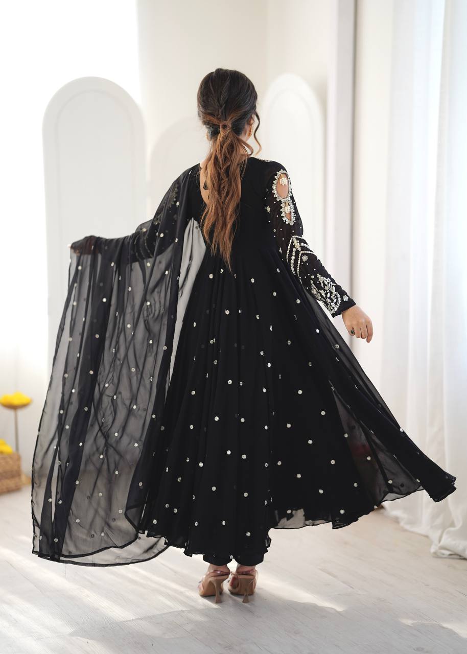 Black Faux Georgette Embroidered Anarkali Suit