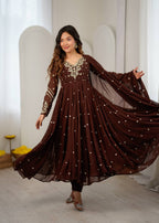 Brown Faux Georgette Embroidered Anarkali Suit