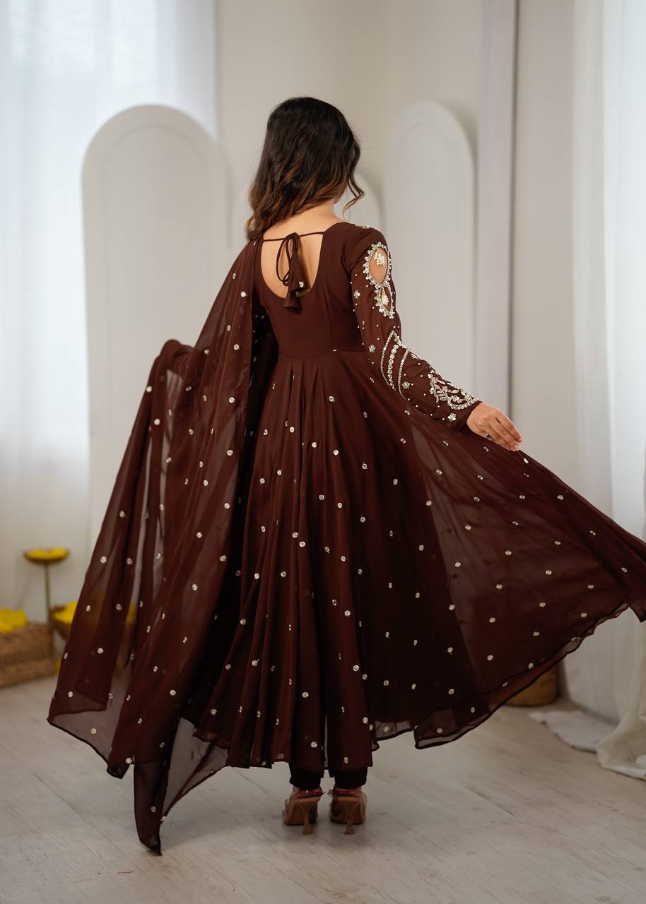 Brown Faux Georgette Embroidered Anarkali Suit