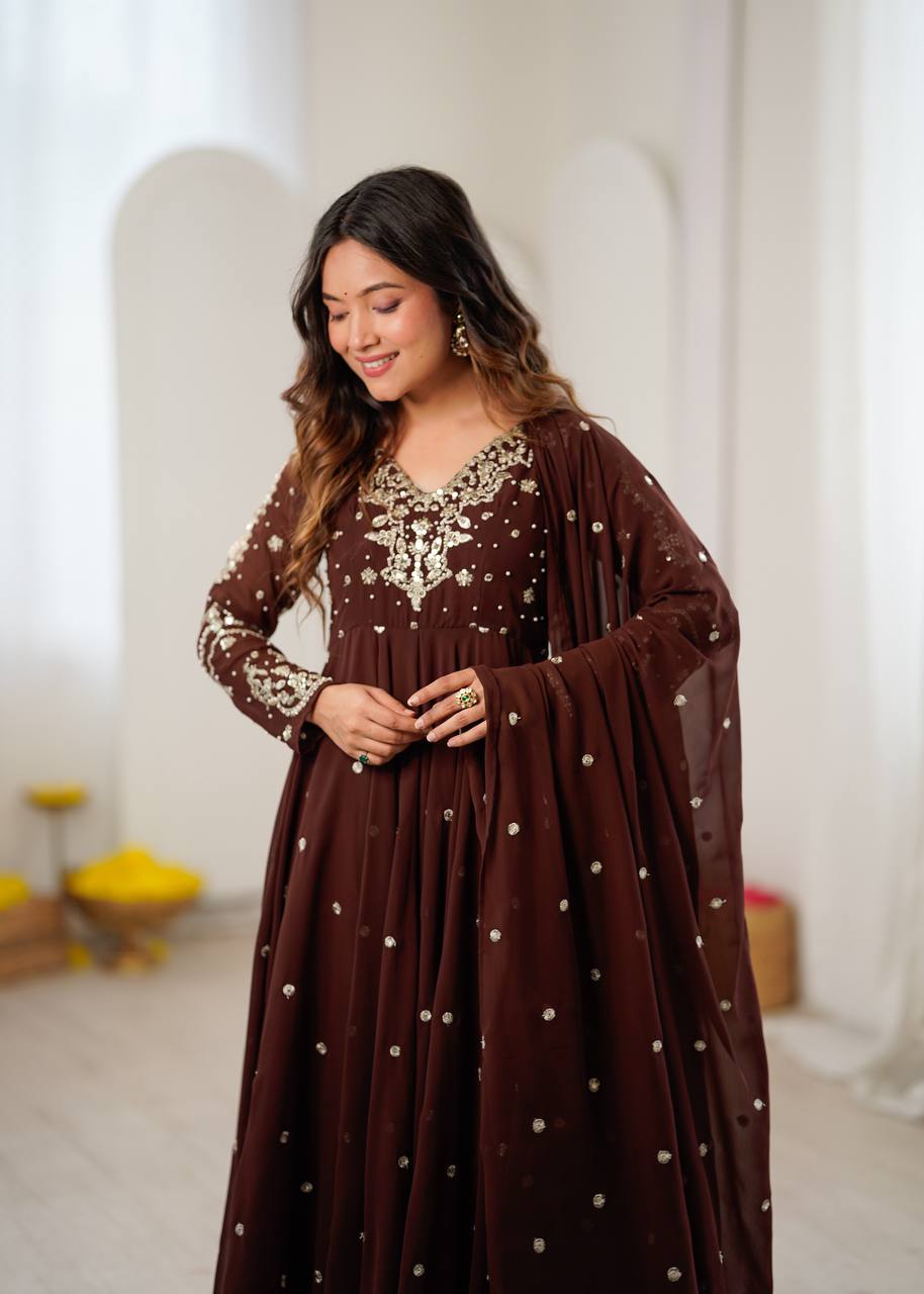 Brown Faux Georgette Embroidered Anarkali Suit