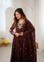 Brown Faux Georgette Embroidered Anarkali Suit