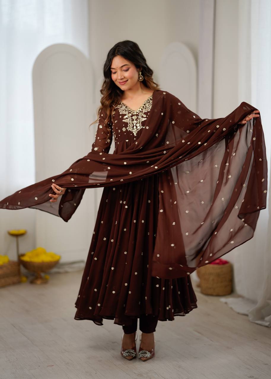 Brown Faux Georgette Embroidered Anarkali Suit