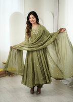 Mehendi Green Faux Georgette Embroidered Anarkali Suit