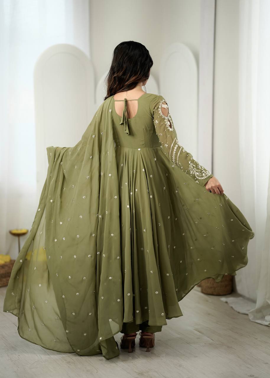 Mehendi Green Faux Georgette Embroidered Anarkali Suit