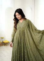 Mehendi Green Faux Georgette Embroidered Anarkali Suit