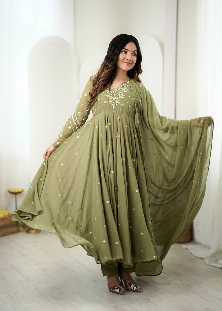 Mehendi Green Faux Georgette Embroidered Anarkali Suit