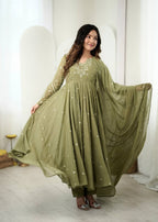 Mehendi Green Faux Georgette Embroidered Anarkali Suit