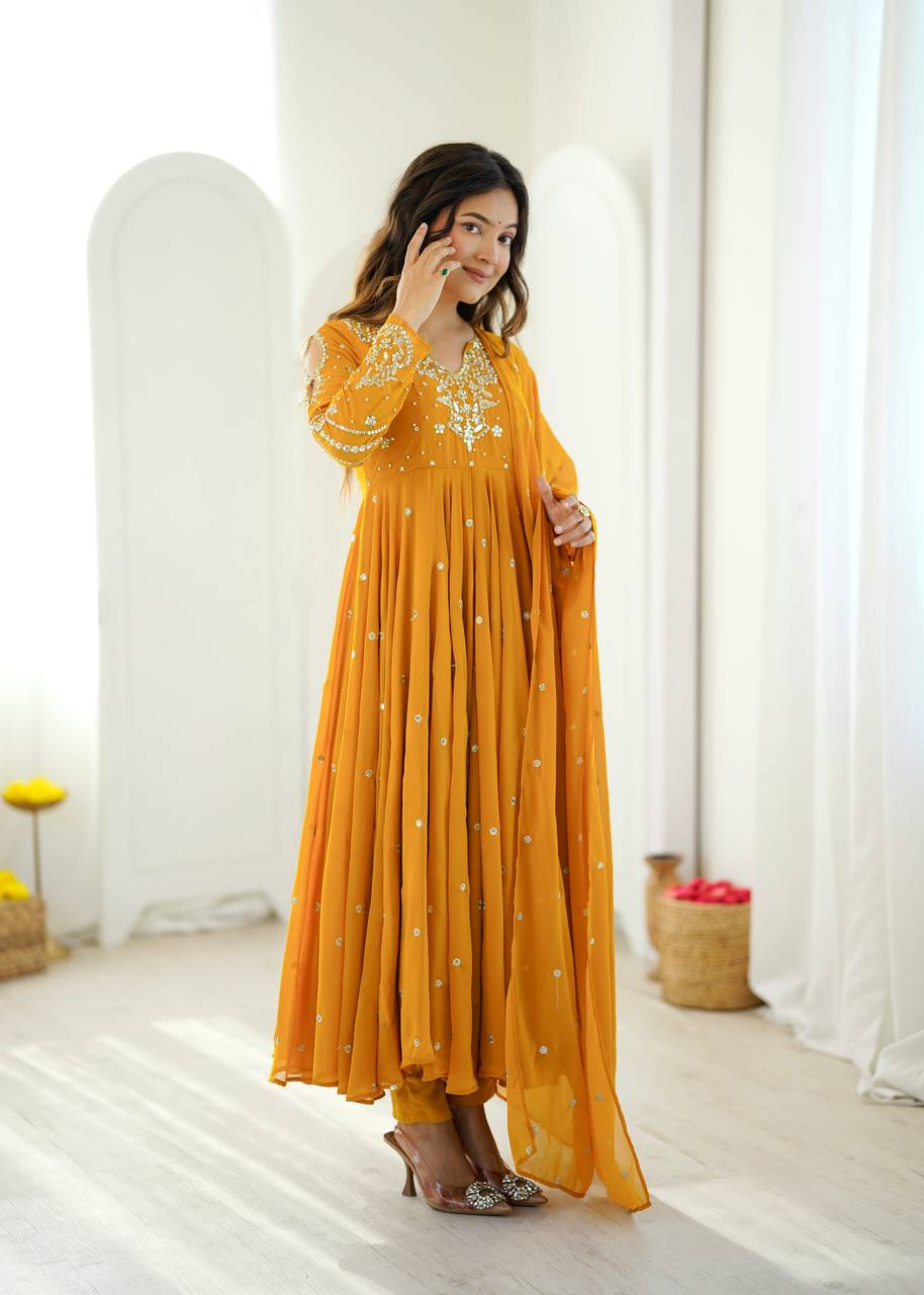 Mustard Faux Georgette Embroidered Anarkali Suit