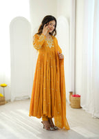 Mustard Faux Georgette Embroidered Anarkali Suit