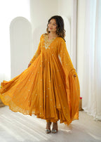 Mustard Faux Georgette Embroidered Anarkali Suit