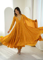 Mustard Faux Georgette Embroidered Anarkali Suit