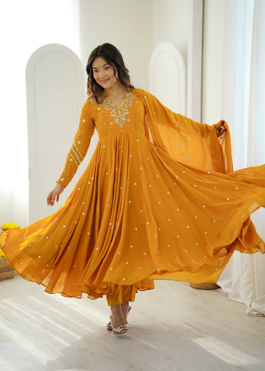 Mustard Faux Georgette Embroidered Anarkali Suit