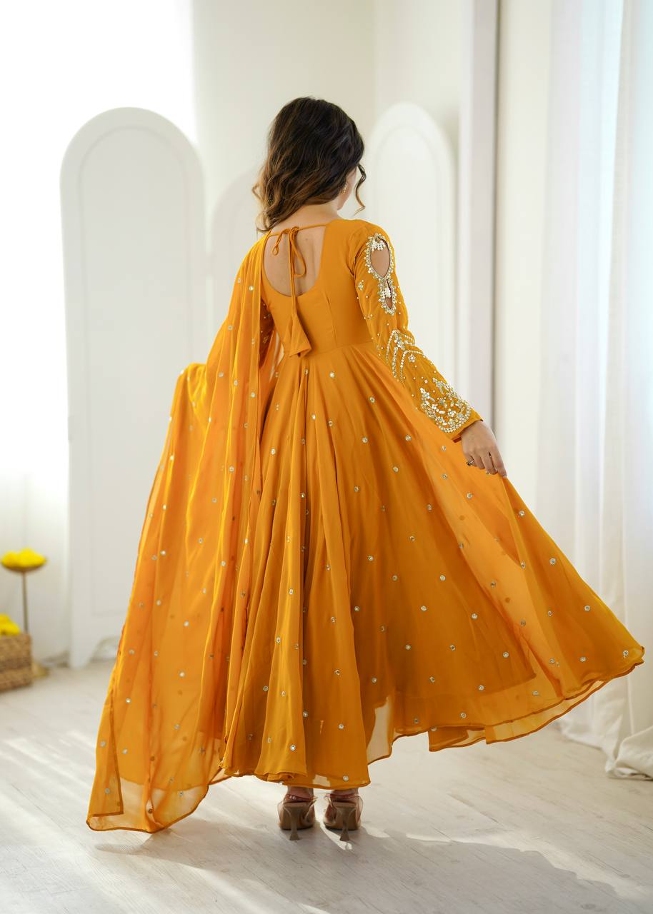 Mustard Faux Georgette Embroidered Anarkali Suit