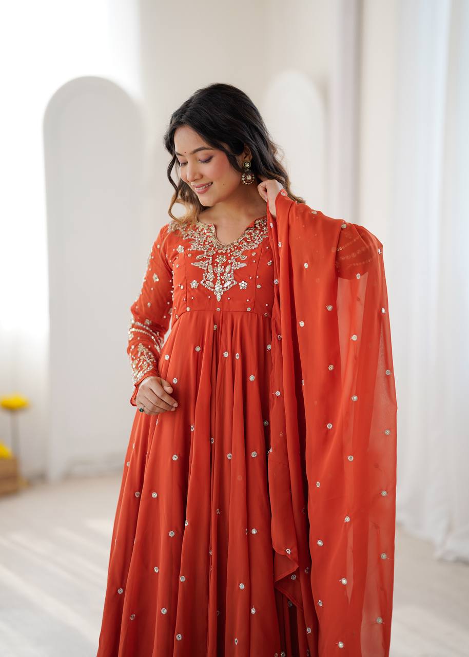 Rust Faux Georgette Embroidered Anarkali Suit