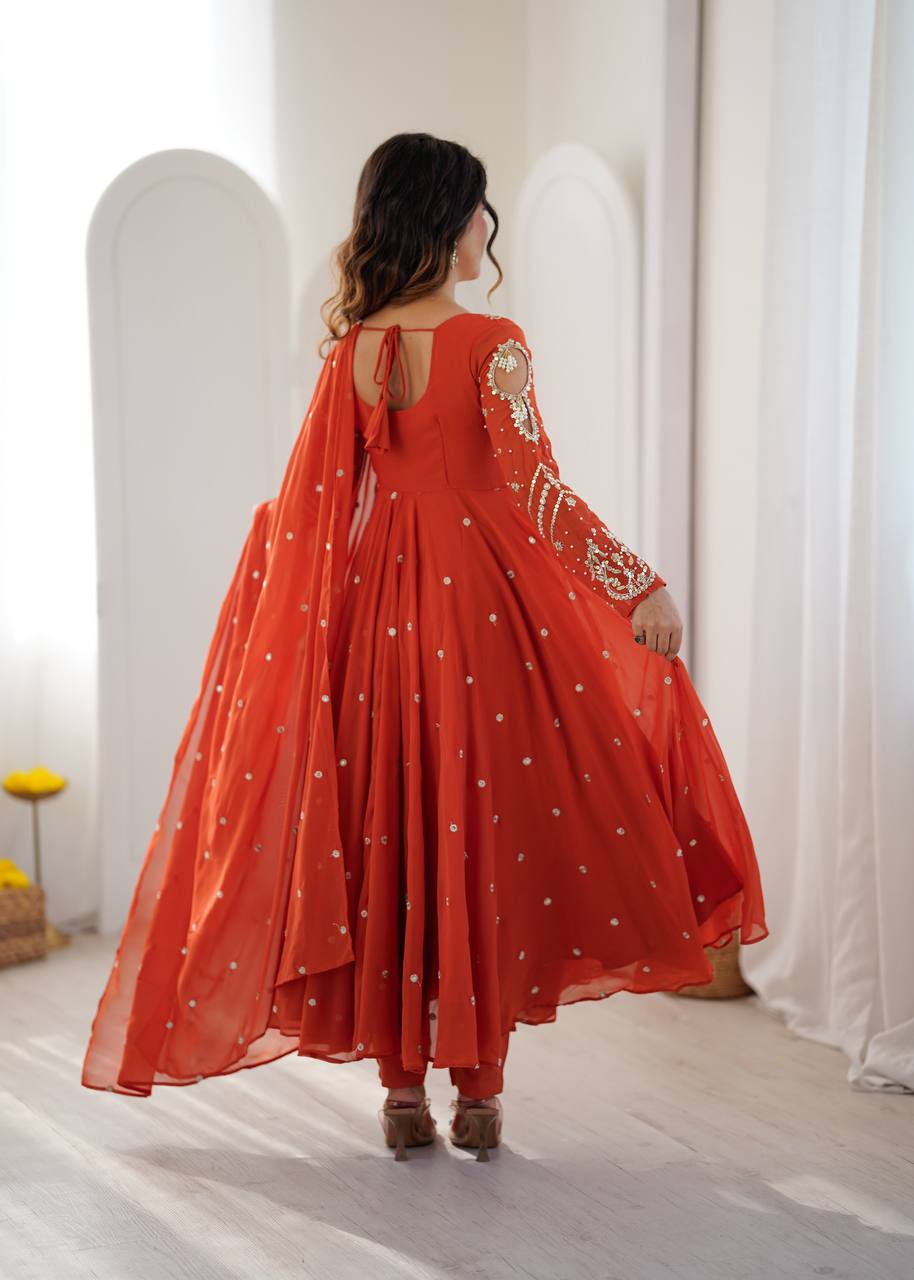 Rust Faux Georgette Embroidered Anarkali Suit