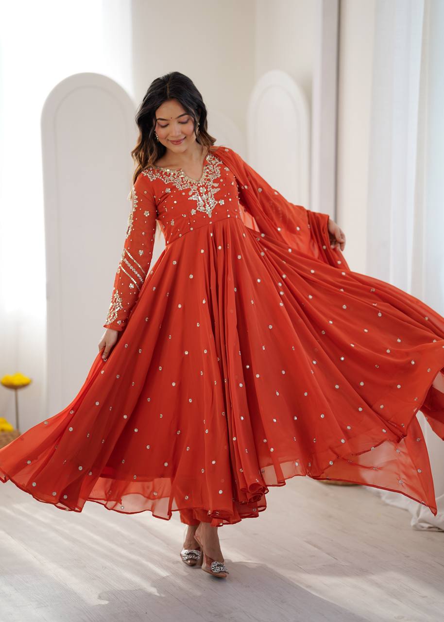 Rust Faux Georgette Embroidered Anarkali Suit