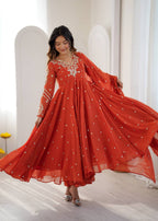 Rust Faux Georgette Embroidered Anarkali Suit