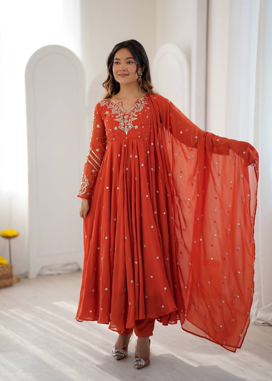 Rust Faux Georgette Embroidered Anarkali Suit