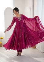 Wine Faux Georgette Embroidered Anarkali Suit