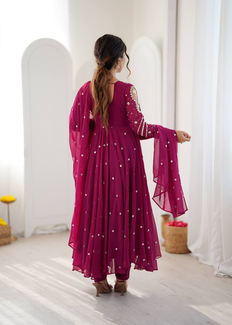 Wine Faux Georgette Embroidered Anarkali Suit