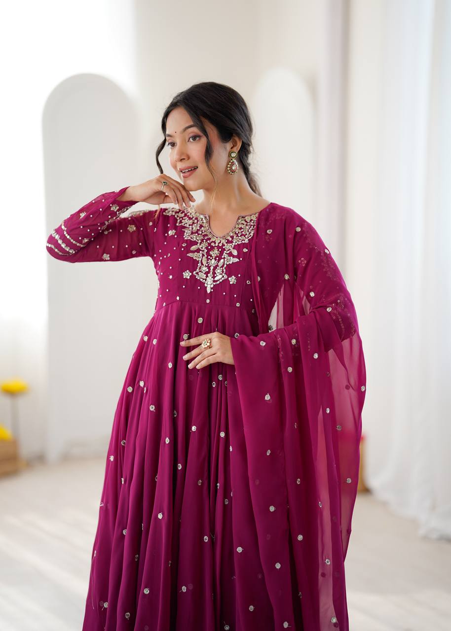 Wine Faux Georgette Embroidered Anarkali Suit