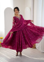 Wine Faux Georgette Embroidered Anarkali Suit