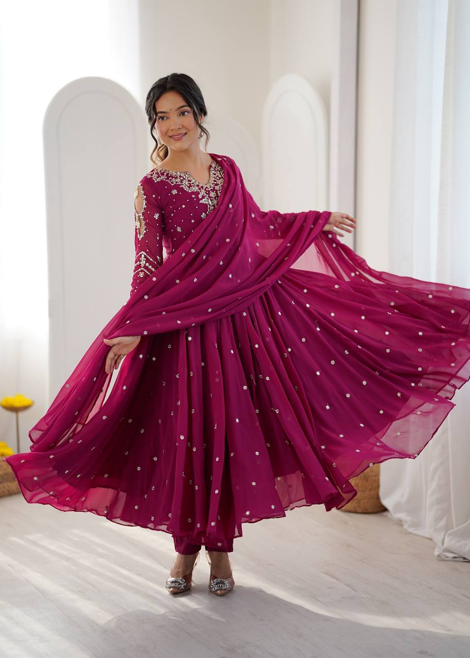 Wine Faux Georgette Embroidered Anarkali Suit