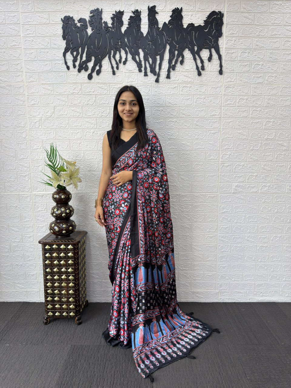 Black Japan Satin Silk Mirror Work Latkan Saree for Women
