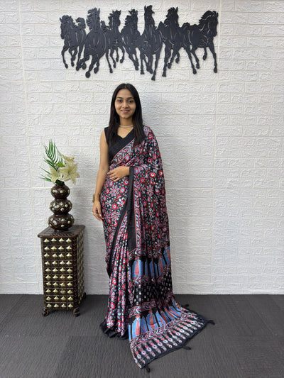 Black Japan Satin Silk Mirror Work Latkan Saree for Women