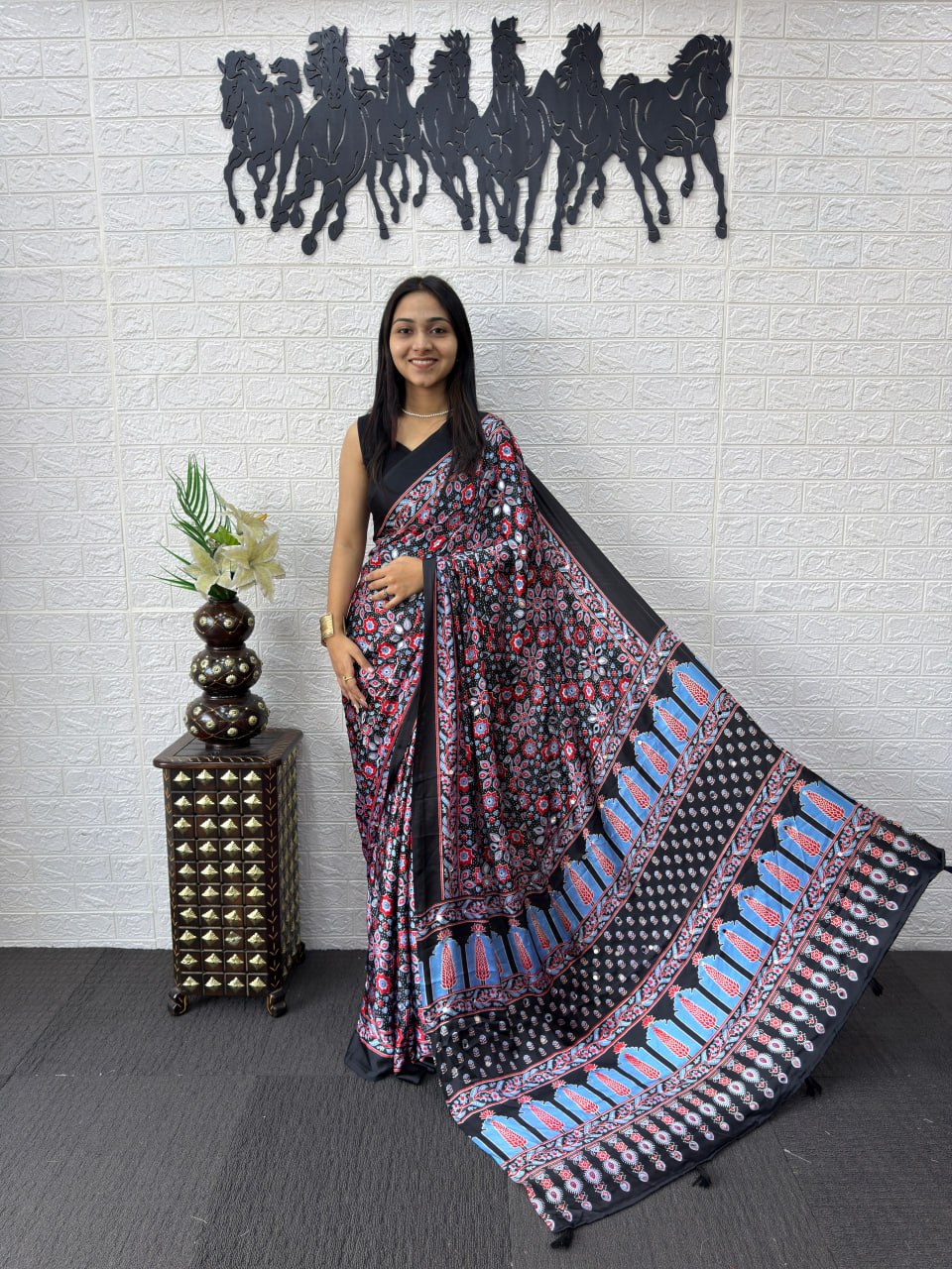 Black Japan Satin Silk Mirror Work Latkan Saree for Women
