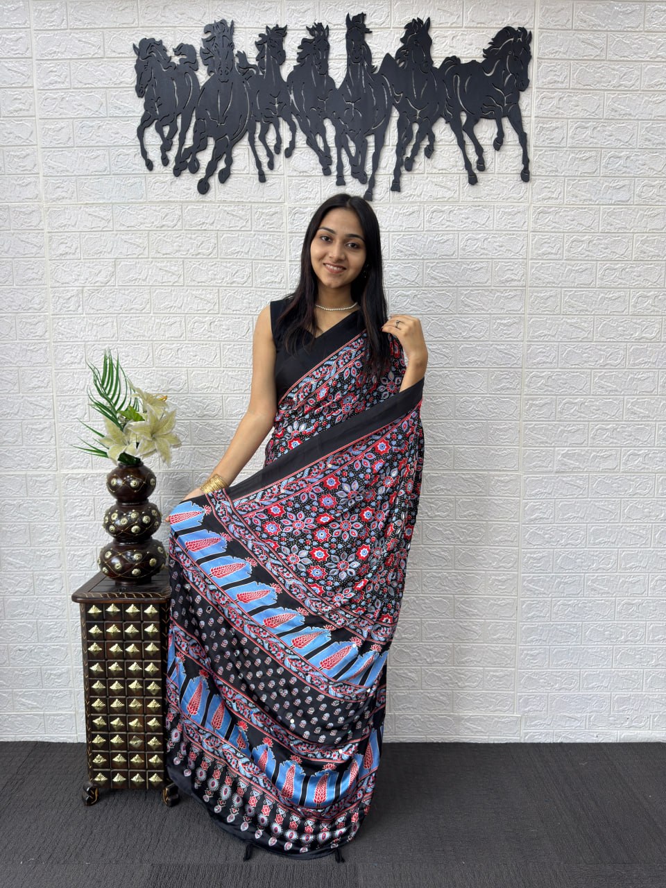 Black Japan Satin Silk Mirror Work Latkan Saree for Women
