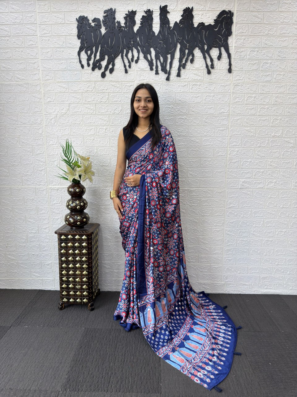 Navy Blue Japan Satin Silk Mirror Work Latkan Saree for Women