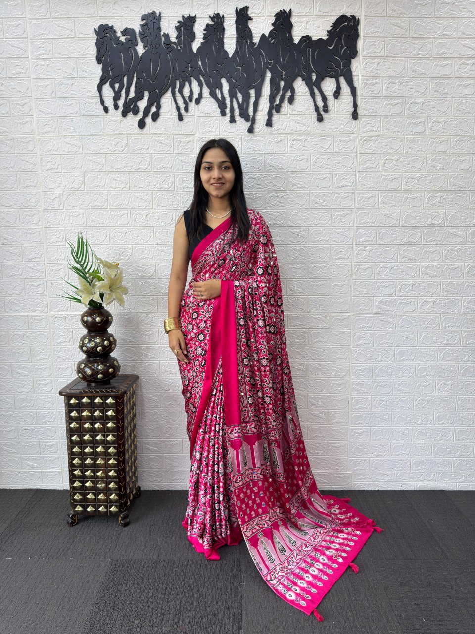 Rani Pink Japan Satin Silk Mirror Work Latkan Saree for Women