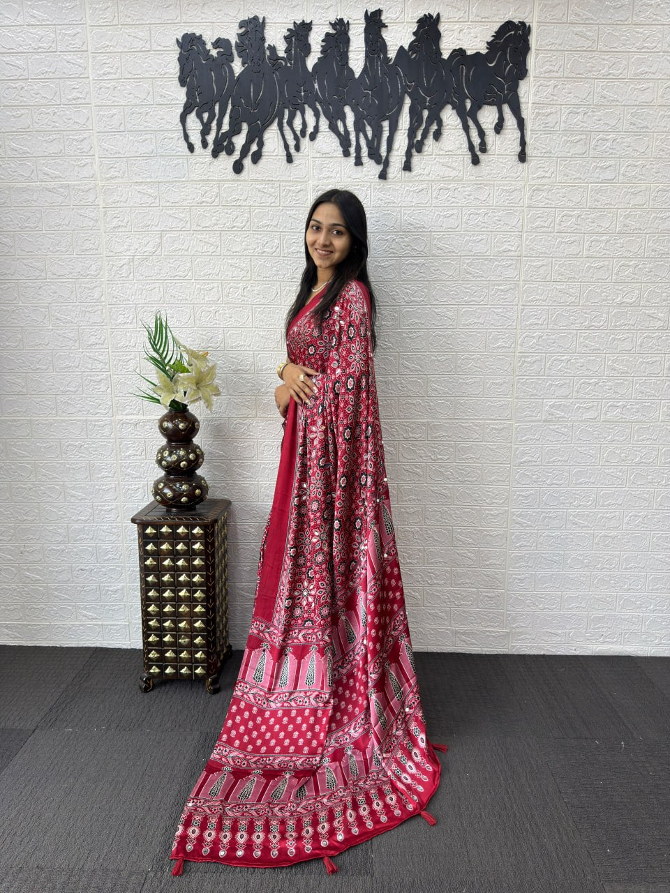 Red Japan Satin Silk Mirror Work Latkan Saree for Women