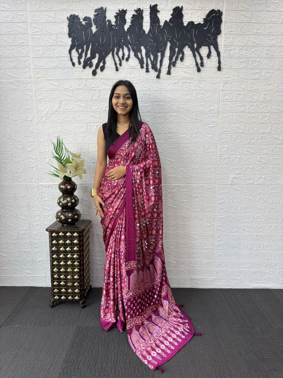 Wine Japan Satin Silk Mirror Work Latkan Saree for Women