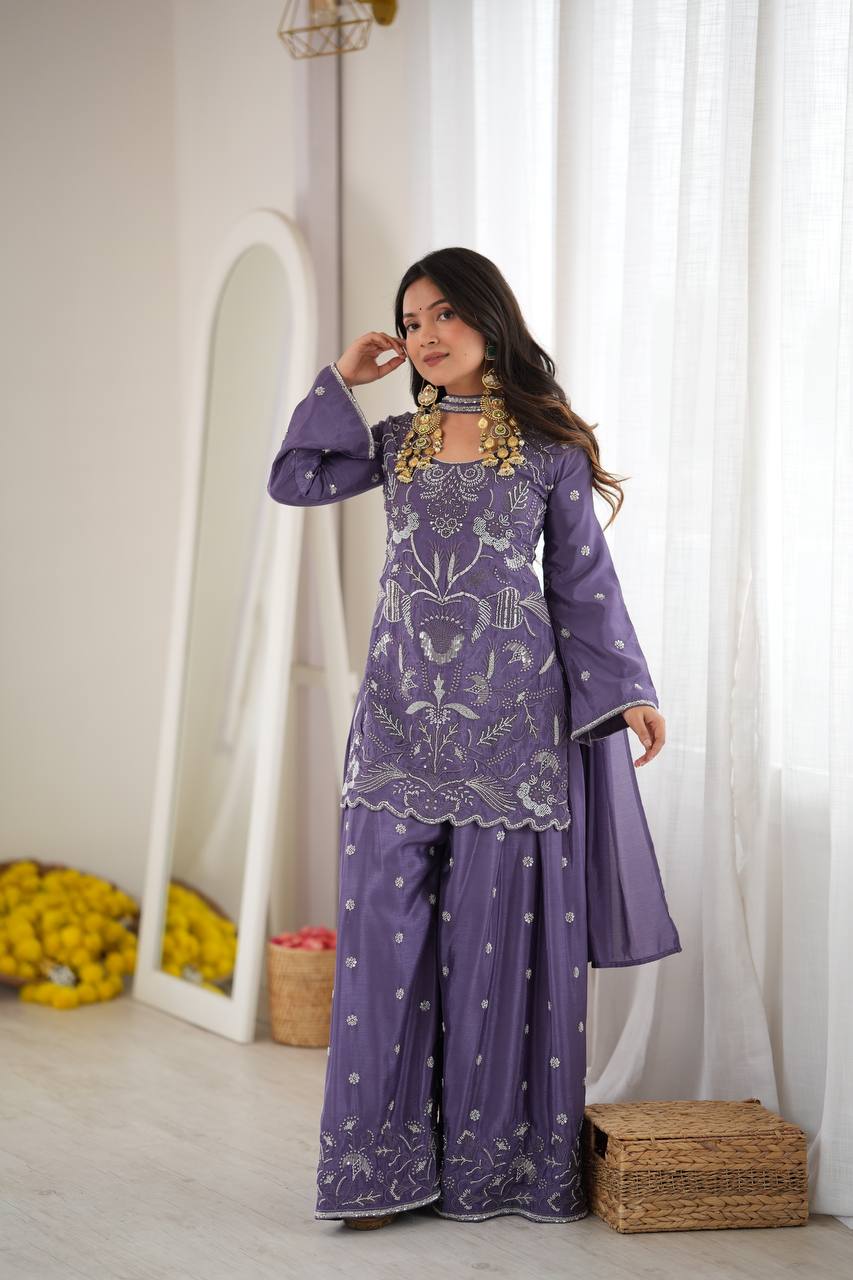 Lavender Chinon Silk Cut Dana Work Palazzo Set for Women