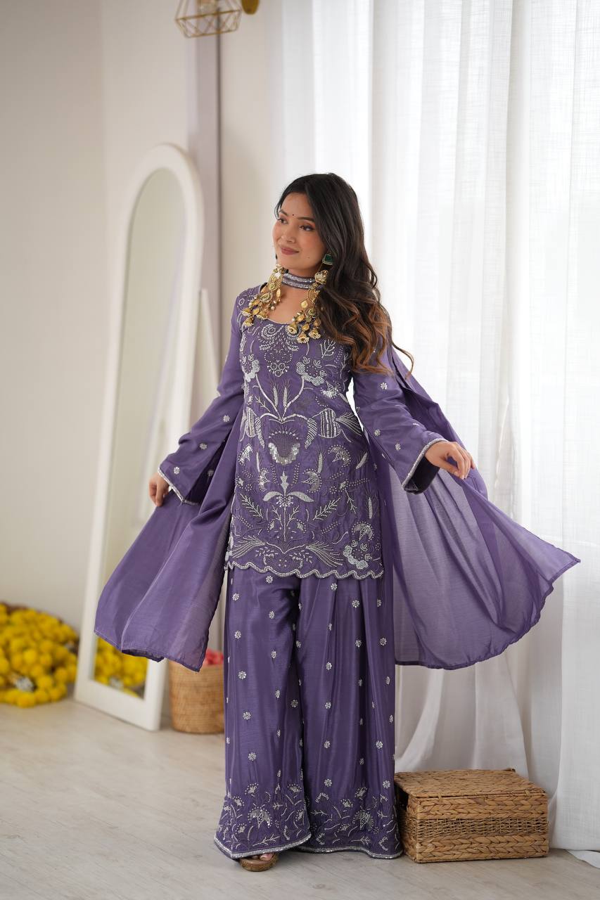 Lavender Chinon Silk Cut Dana Work Palazzo Set for Women