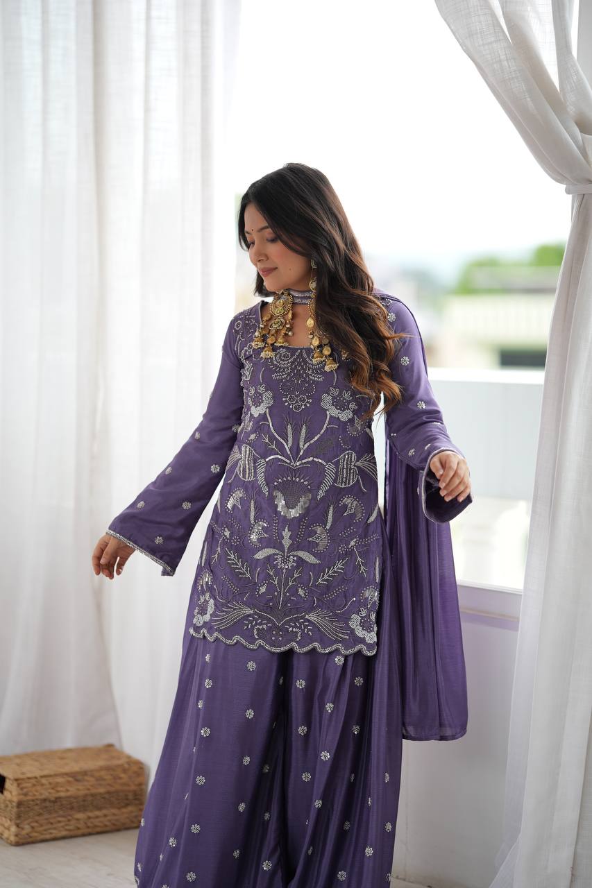 Lavender Chinon Silk Cut Dana Work Palazzo Set for Women